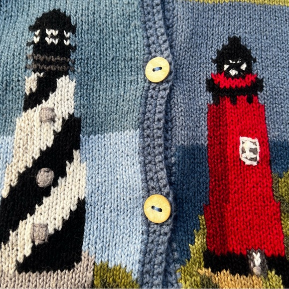 Rare Vintage Lighthouse Storybook Cardigan Blue Art Knit Wood Buttons M - Picture 8 of 9